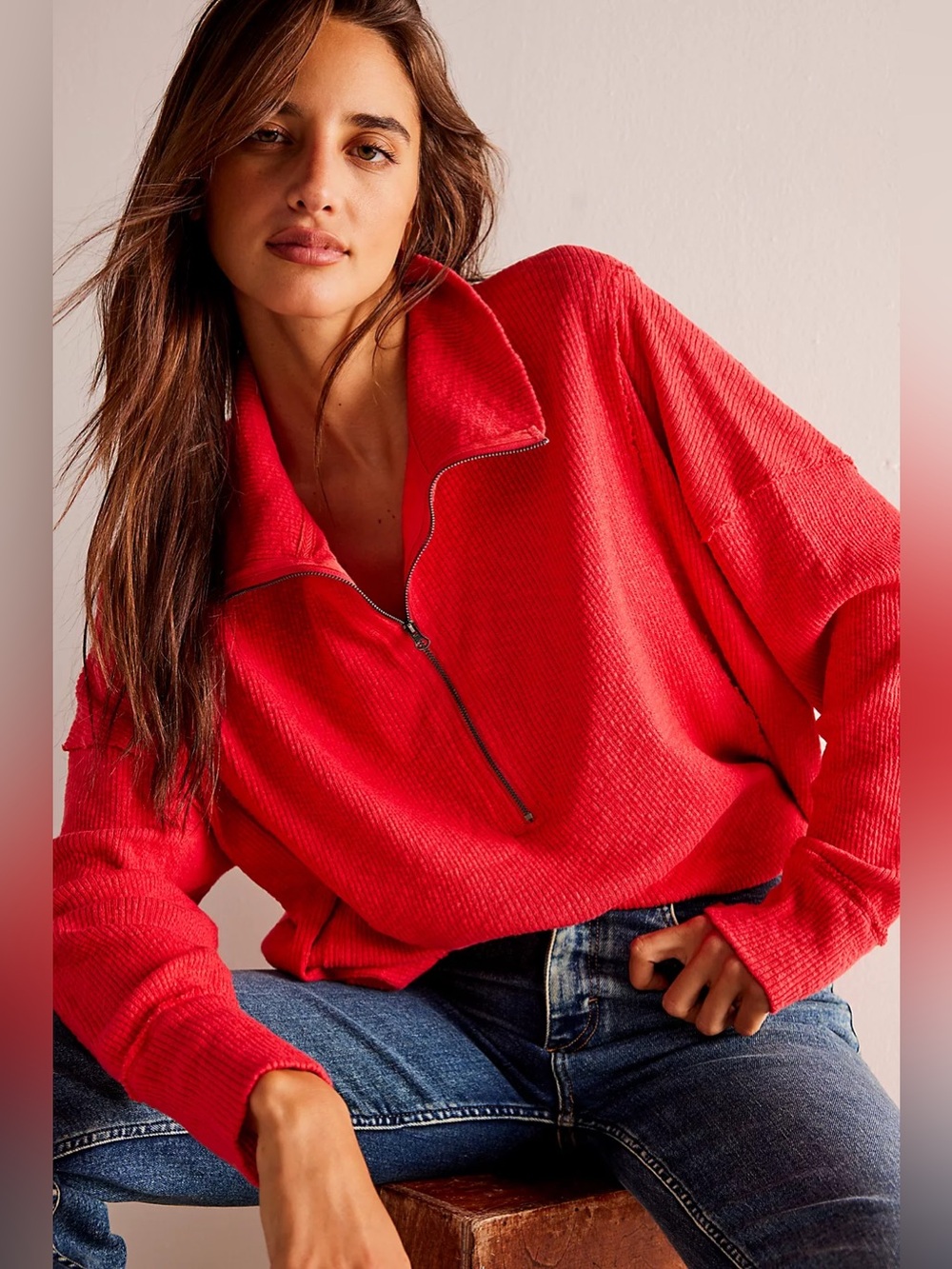 98. FREE PEOPLE Walk Away 1/4 Zip Tunic Sweater Red Womens Large Boho Casual